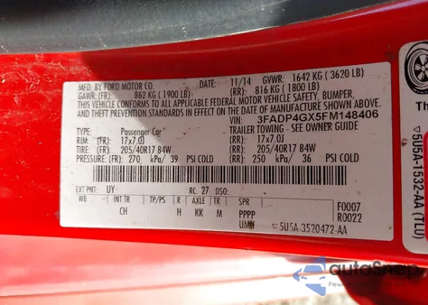 2015 Ford Fiesta St из США, поврежденный, VIN 3FADP4GX5FM148406